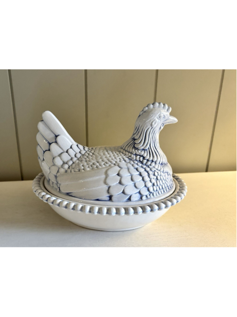 Vtg Hen On Nest Ceramic Artist Painted Blue White 5.5” Country Kitchen Decor